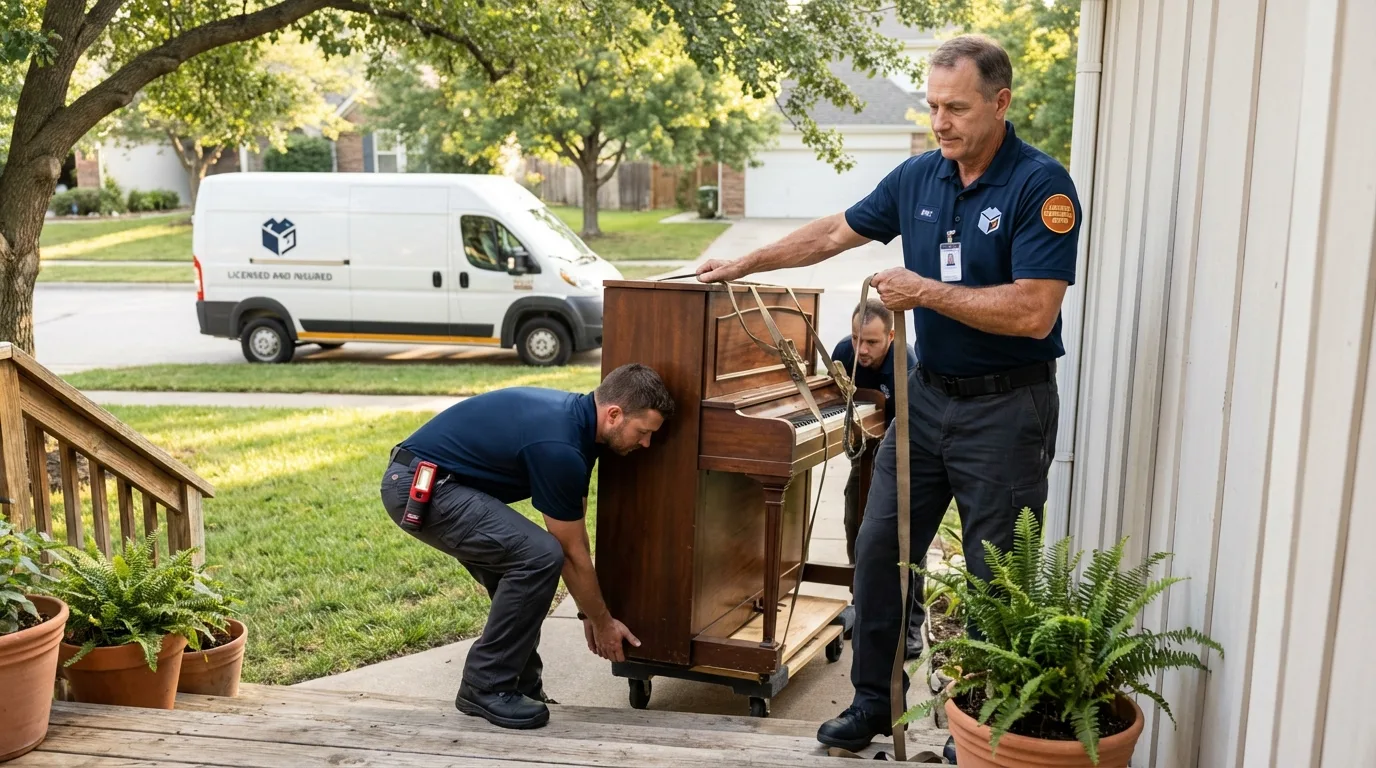Licensed piano movers securing grand piano in Islip Terrace, NY