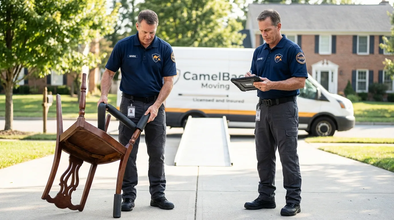 Movers inspecting furniture for damage prevention before loading in Islip Terrace, NY