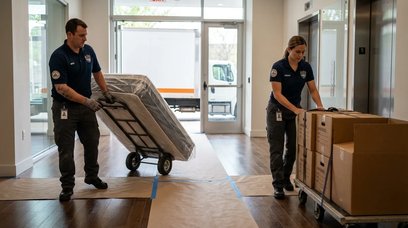 Professional apartment movers loading elevator in Islip Terrace, NY