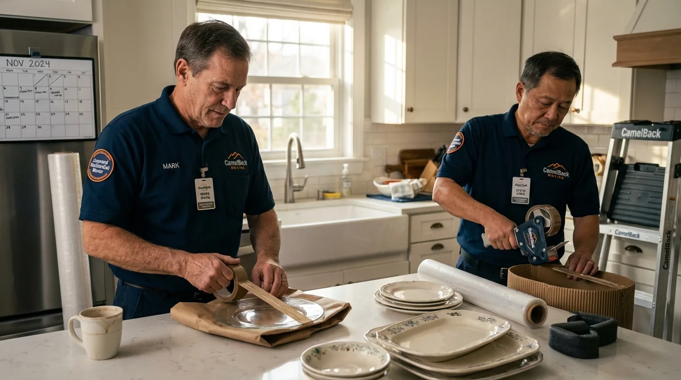 Professional crew packing kitchen dishware in Islip Terrace, NY